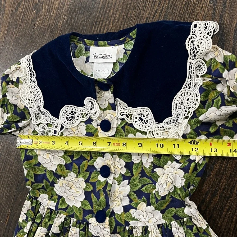 Bonnie Jean Dress Floral Velvet Navy Blue White Roses Lace Collar‎ Girls's 7